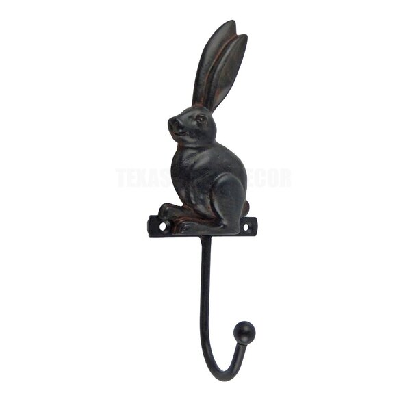 Bunny Rabbit Wall Hook Key Towel Coat Hanger Rustic Brown Wrought Iron - Picture 2 of 4